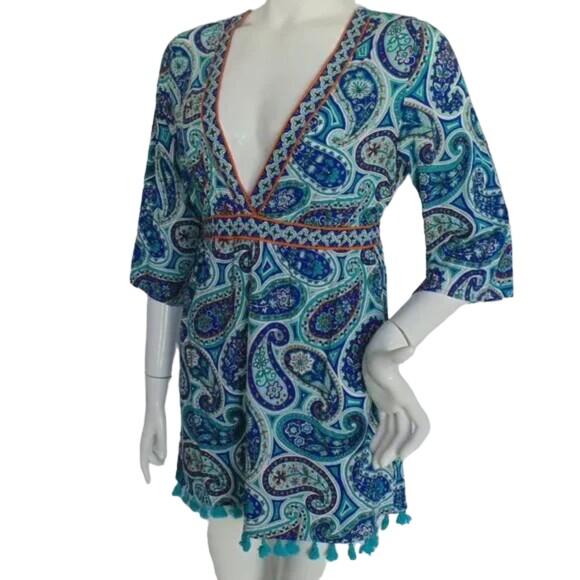 TRINA TURK Swim Cover/Dress, M/L, Low Cut, Open Back, Tassle hem, Blue Paisley - Picture 4 of 14